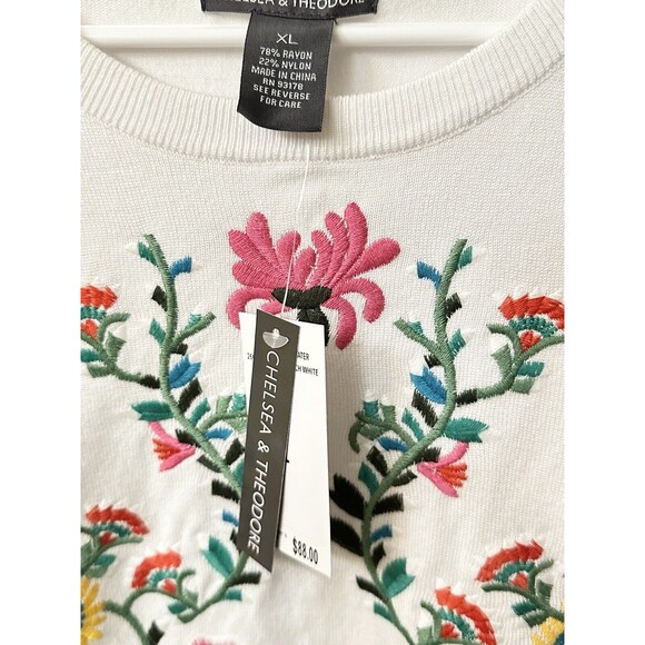 NEW Chelsea & Theodore Embroidered Floral Boho Sweater Top Womens Size XL White - Picture 3 of 4